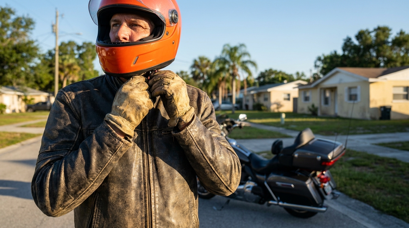 motorcyclist fastening helmet strap wearing leather jacket and gloves beside parked motorcycle