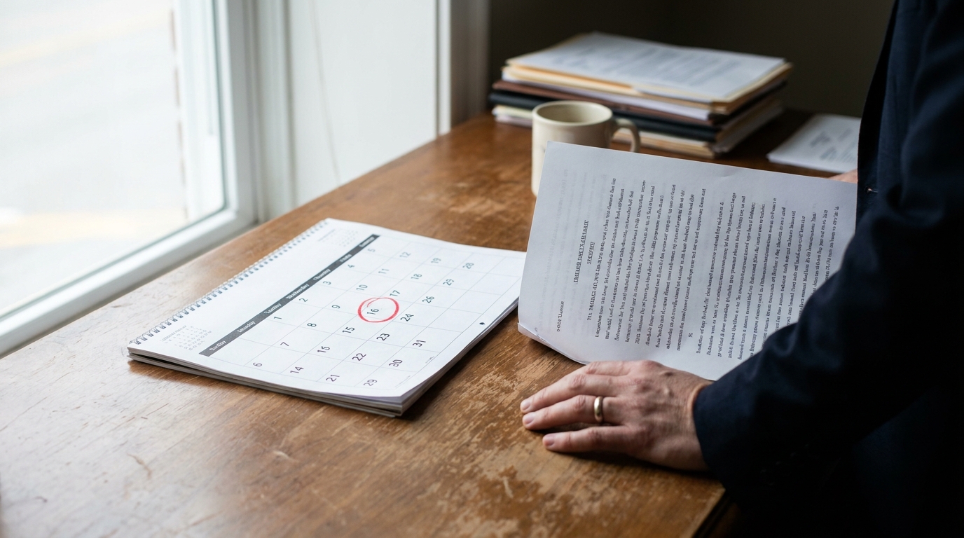 person holding legal document beside desk calendar with circled date
