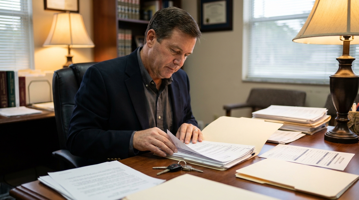 Palm Bay Car Accident Lawyer Reviewing Rear-End Collision Claim attorney reviewing legal documents and case files at wood desk in office