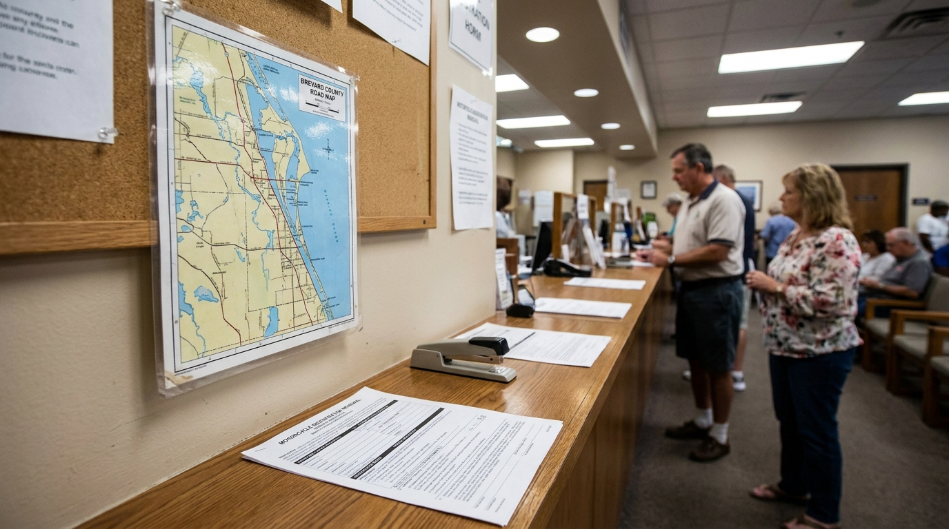 Brevard County Road Map posted on bulletin board inside government office with visitors