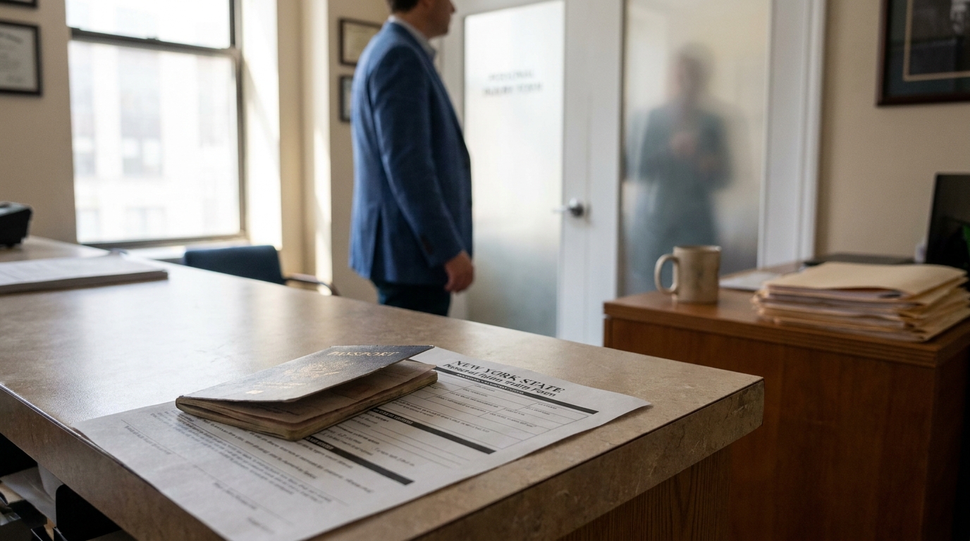 New York State personal injury claim form and passport on law office desk
