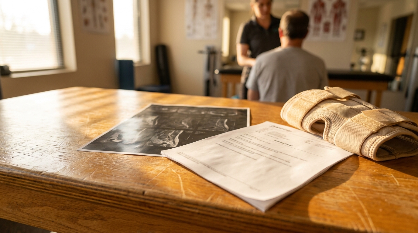 NYC Car Accident MRI Evidence and Medical Report X-ray film, medical report, and orthopedic brace on table during patient consultation