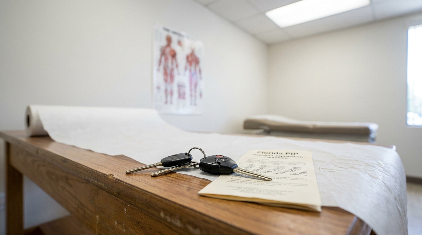 Florida PIP Insurance Pamphlet and Car Keys Orlando Medical Office car keys and Florida PIP Insurance Explanation Pamphlet on medical examination table
