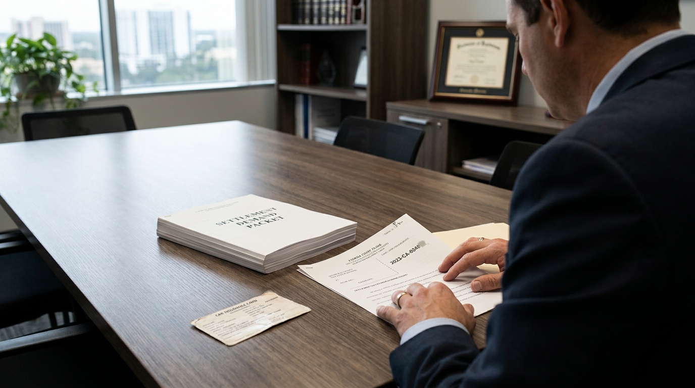 Orlando Attorney Reviewing Catastrophic Car Accident Settlement Demand Packet attorney reviewing Florida court filing beside Settlement Demand Packet in law office