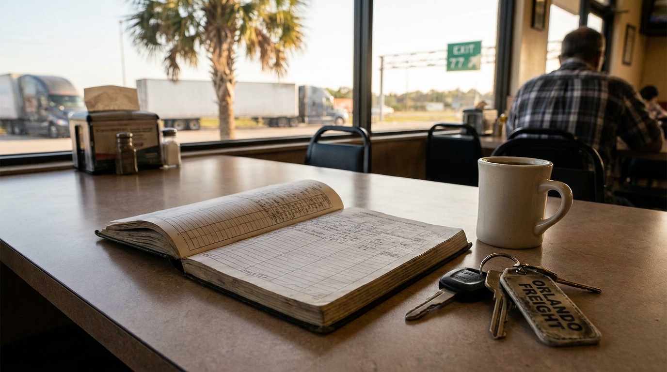 truck driver logbook and Orlando Freight keys on diner table near highway