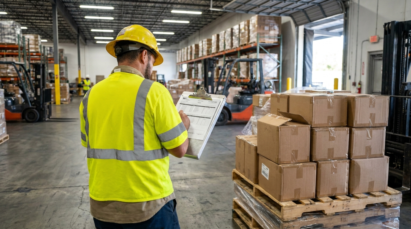 Orlando Cargo Loader Inspecting Freight Before Truck Shipment warehouse worker in hard hat holding clipboard near stacked boxes on pallet