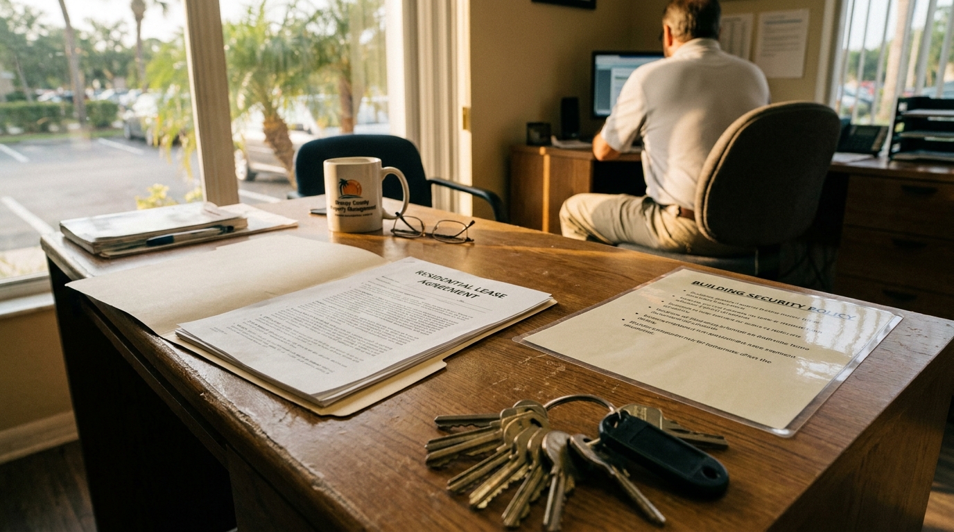 Orlando Apartment Landlord Reviewing Negligent Security Policy Residential lease agreement and building security policy documents with keys on desk