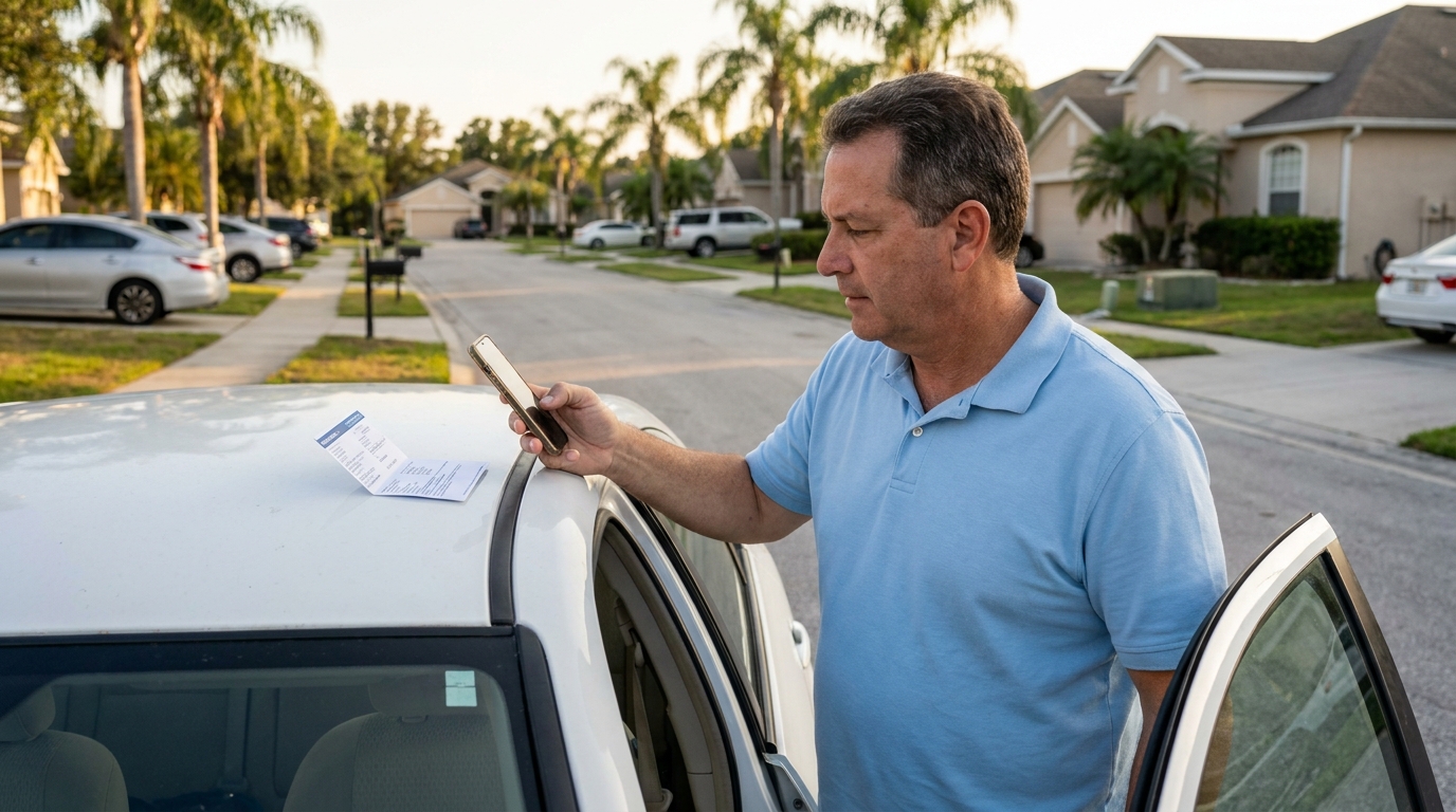 Orlando Driver Documenting Car Accident Damage With Phone man photographing document on car roof with smartphone in residential neighborhood