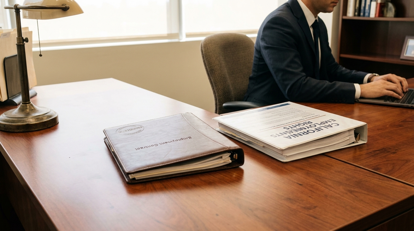 Los Angeles Executive Severance Attorney Reviewing Employment Contract Employment Contract folder and California Employment Rights binder on attorney's desk