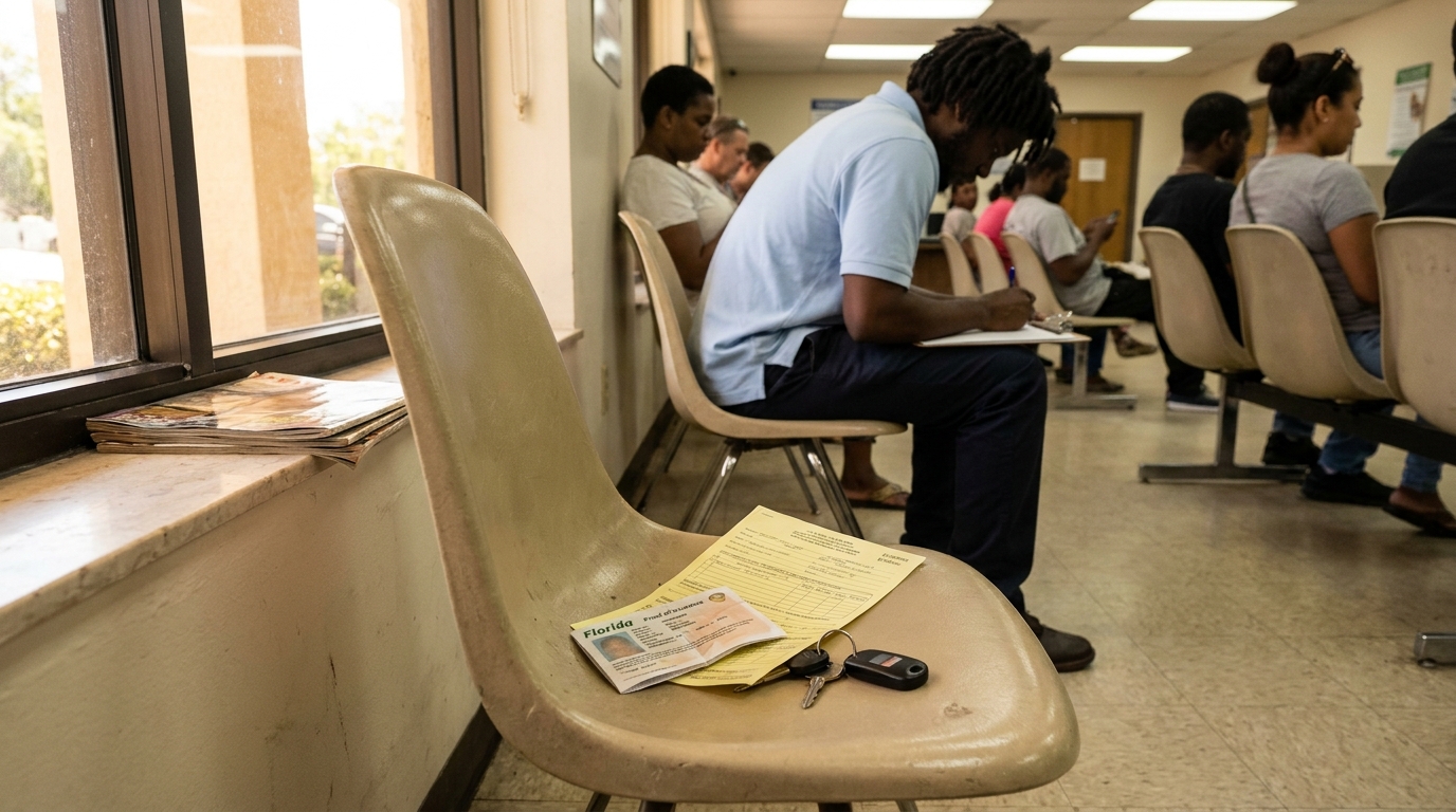 Uninsured Fort Lauderdale Driver Filing At-Fault Crash Claim Florida ID, form, and car keys on chair in crowded DMV waiting room