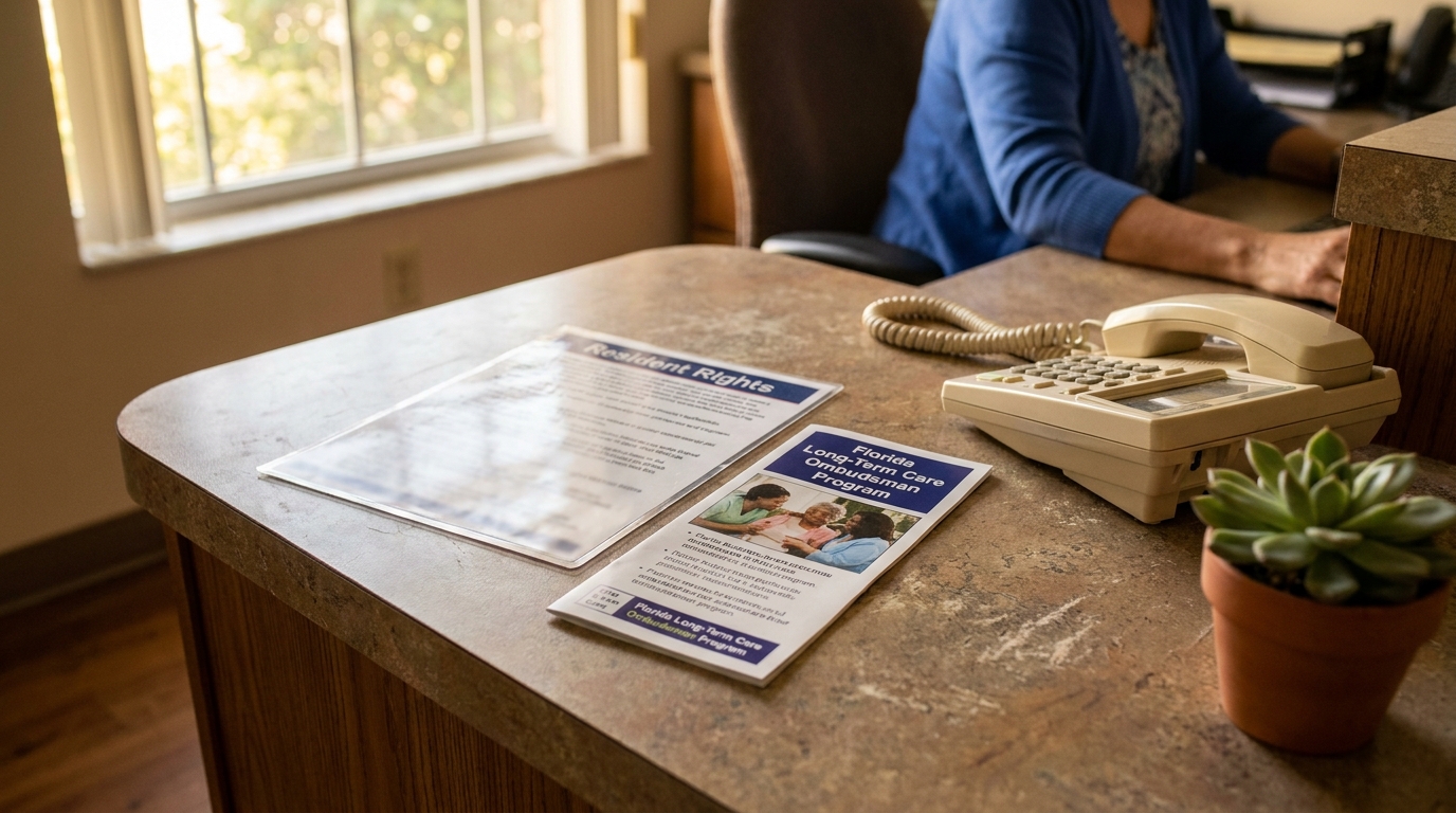 Resident Rights document and Florida Long-Term Care Ombudsman Program brochure on facility desk