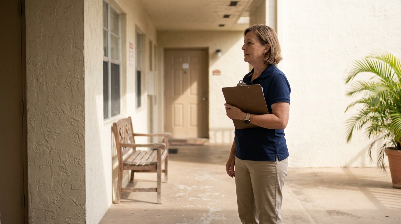 Landlord Inspecting Fort Lauderdale Apartment Complex Common Area woman holding clipboard inspecting outdoor corridor of residential building