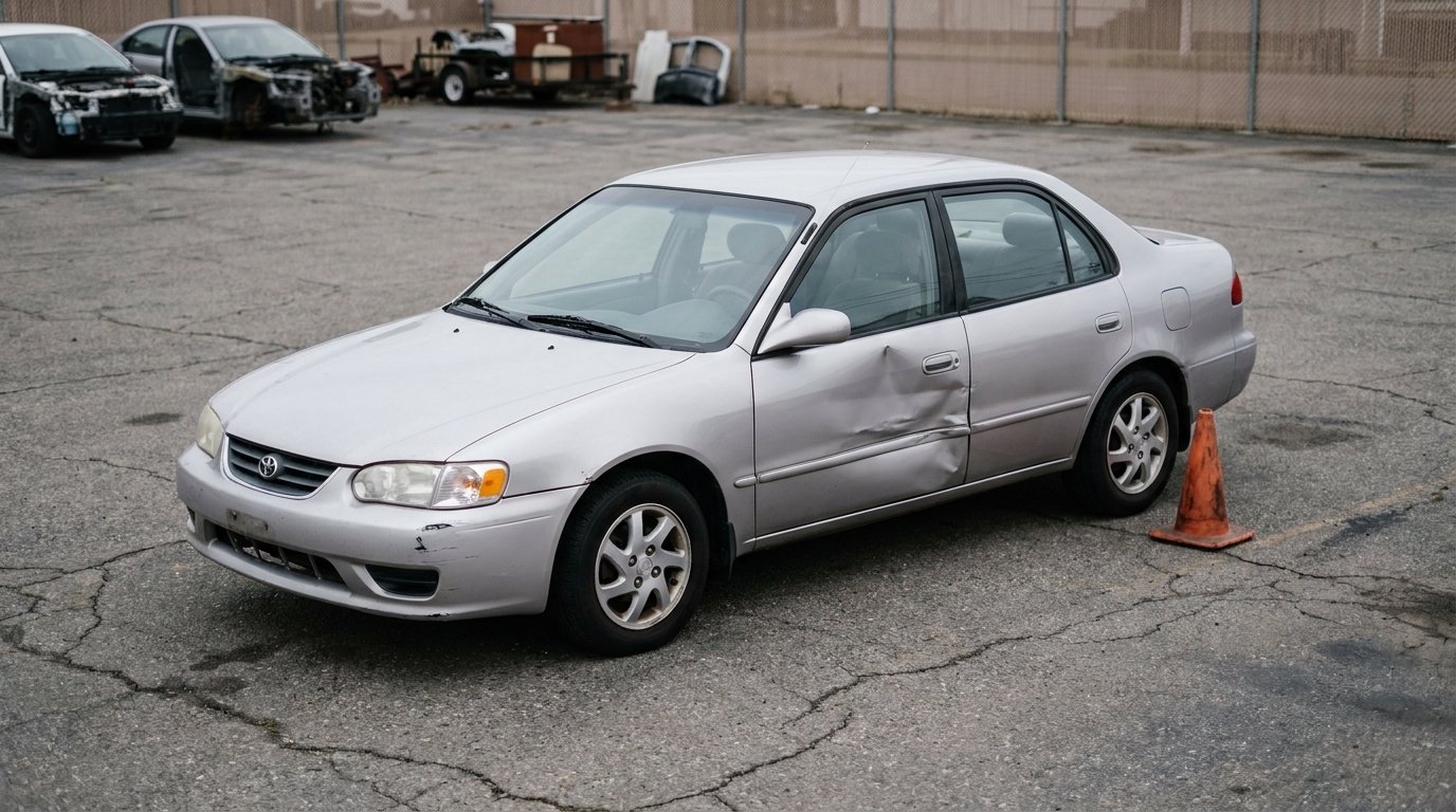 damaged Toyota sedan with dented door parked in salvage yard lot