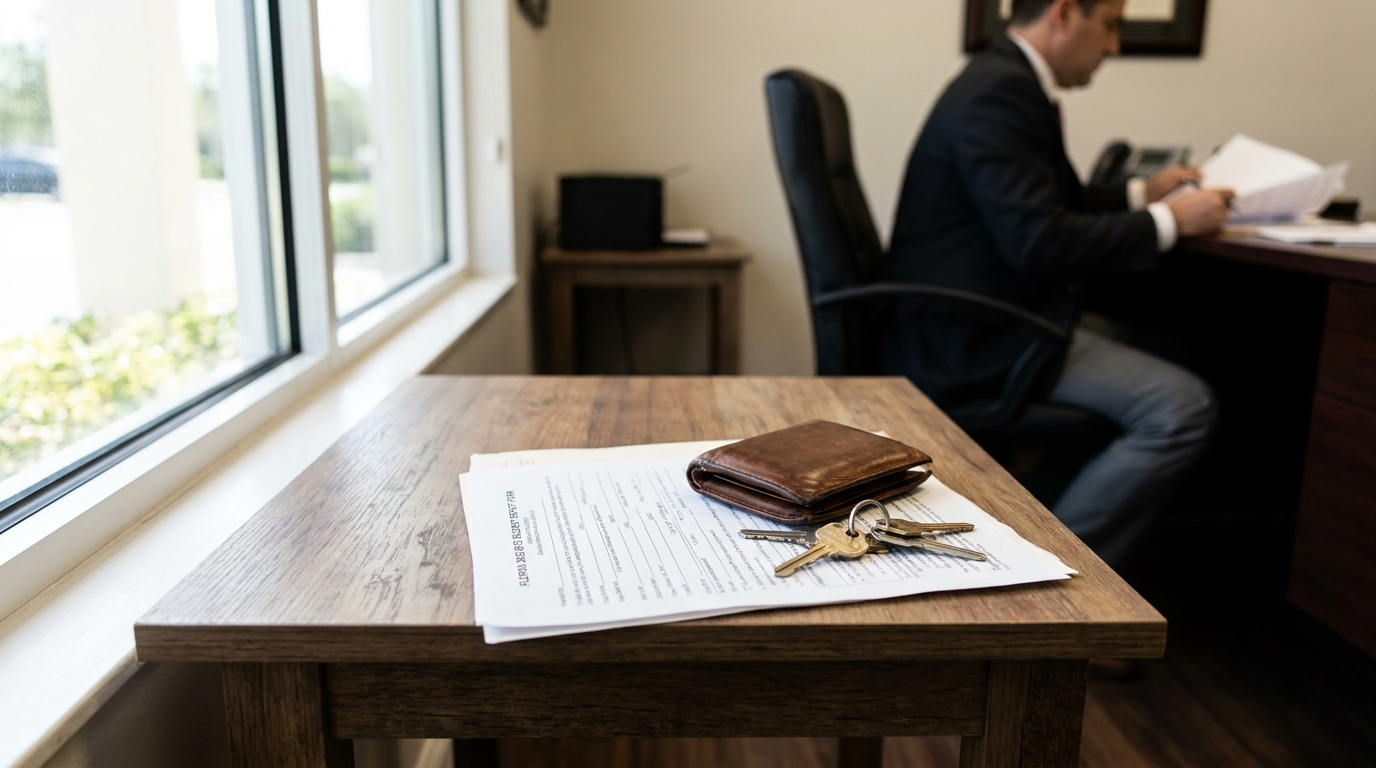 Fort Lauderdale Dog Bite Lawyer Reviewing Claim Documents legal documents, wallet, and keys on desk with attorney reviewing paperwork