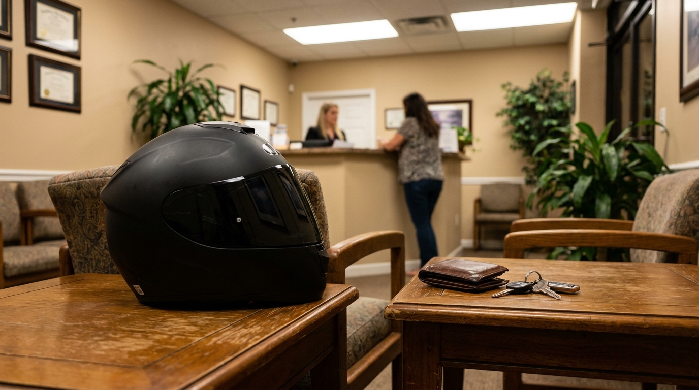 motorcycle helmet and keys on table in law firm reception area