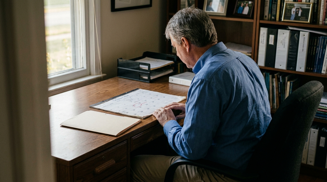 Dayton Man Reviewing Missed Personal Injury Filing Deadline Calendar man seated at wooden desk reviewing large wall calendar with circled date