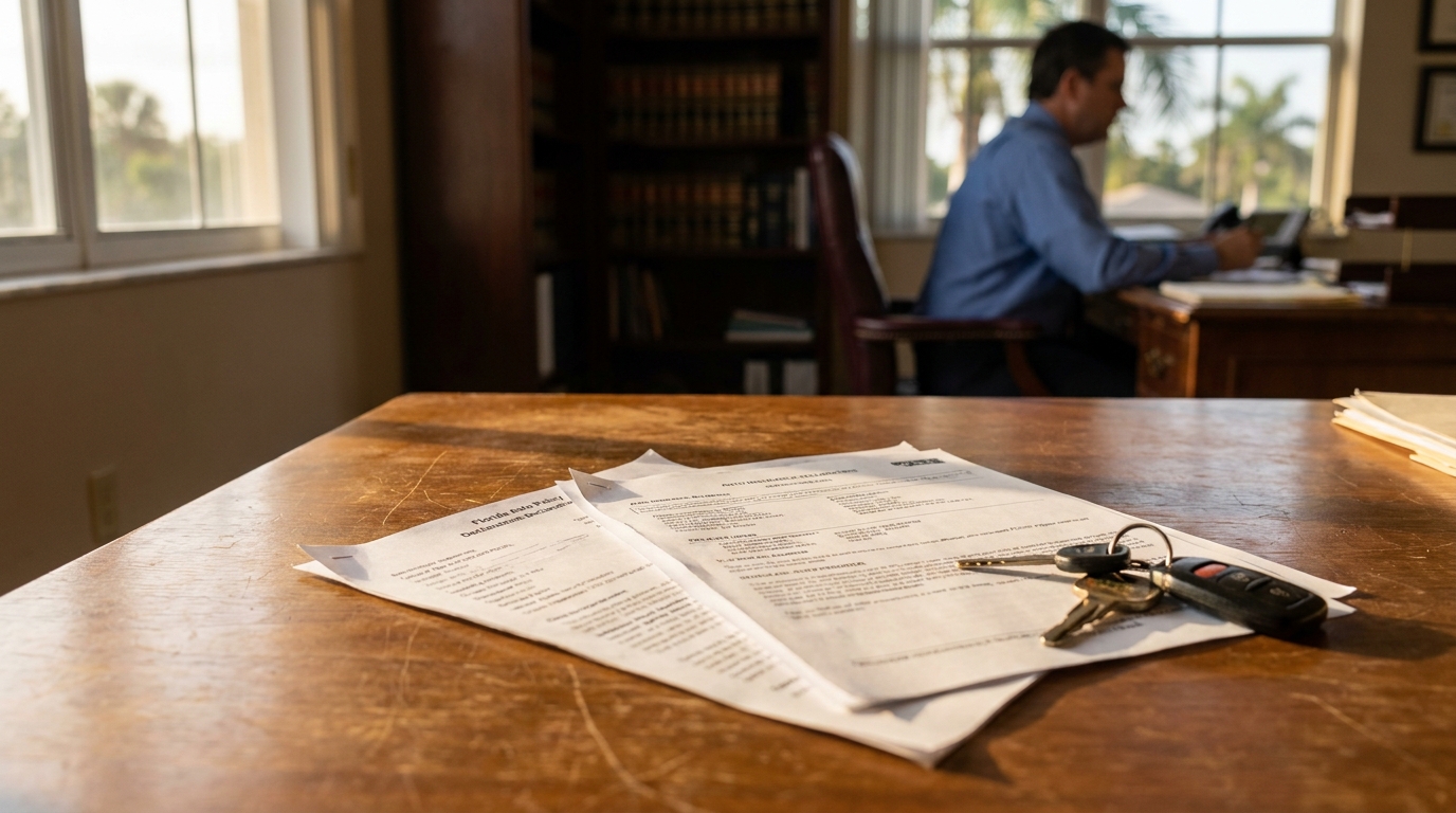 Florida auto policy declaration documents and car keys on attorney office desk