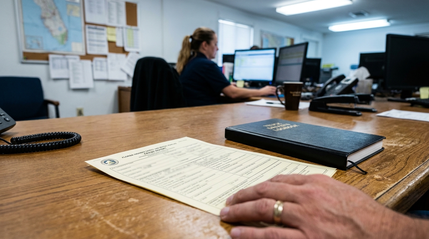 Florida Truck Crash Report Form Being Filed Florida Highway Safety crash report form on desk beside truck driver logbook