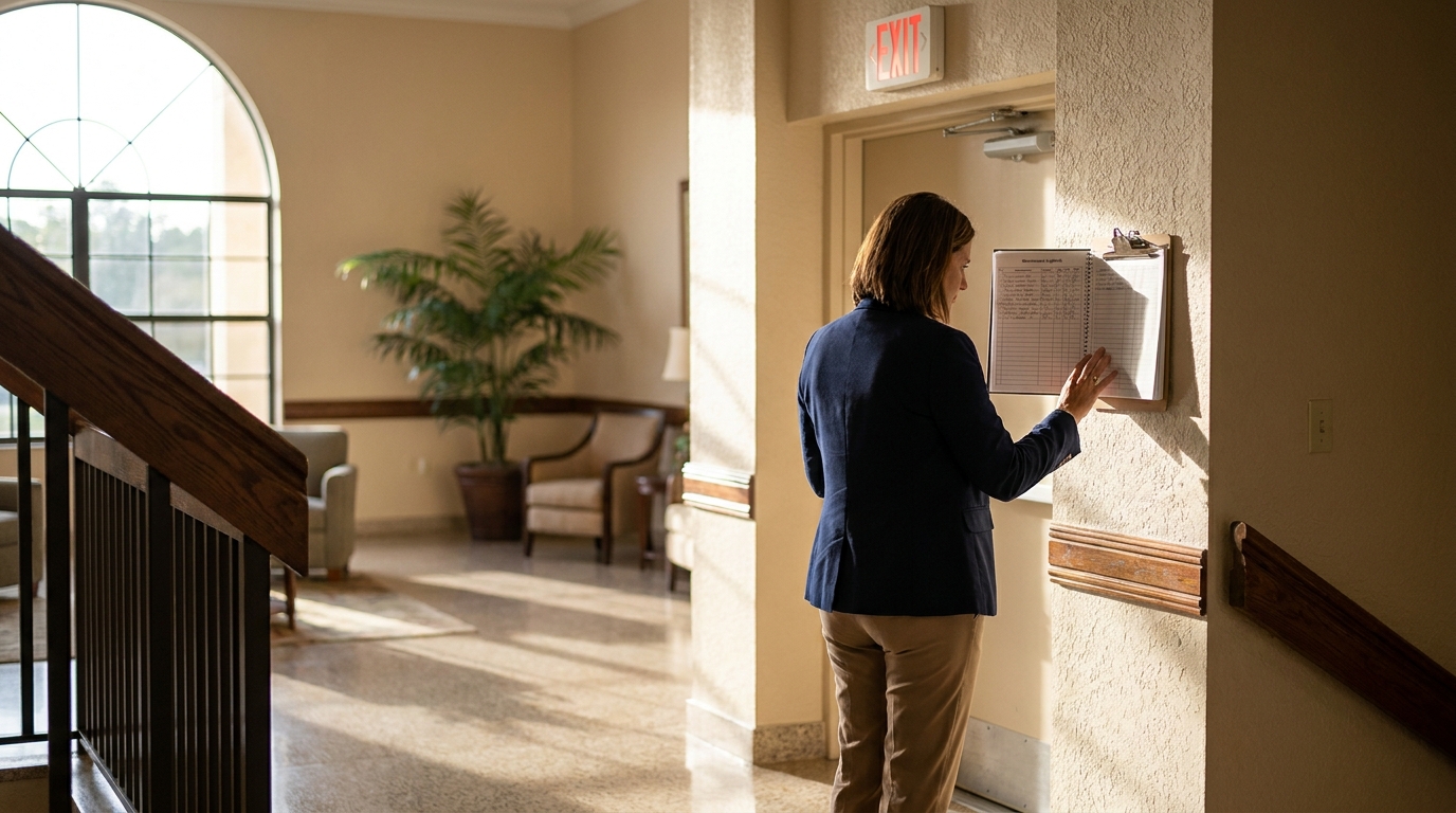 Florida Condo Manager Inspecting Common Area Hallway professional woman reviewing wall-mounted clipboard document in facility hallway near exit sign
