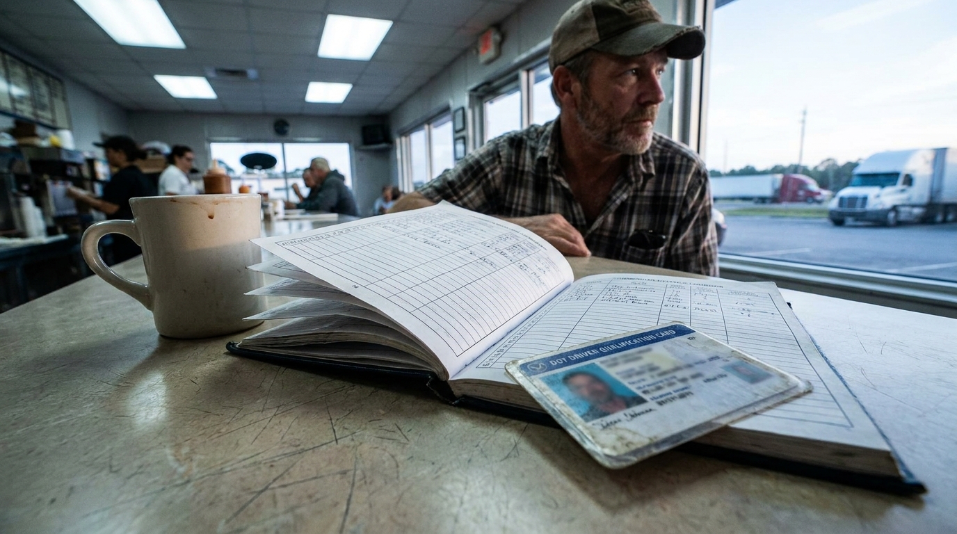 Florida Truck Driver DOT Qualification Card Negligent Hiring truck driver reviewing logbook with DOT Driver Qualification Card at truck stop diner