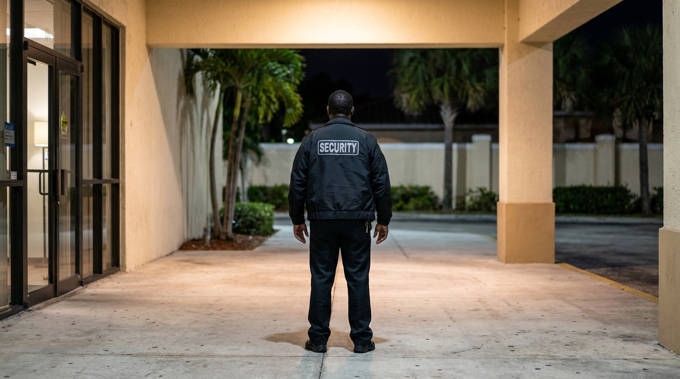 Security Guard Standing Outside Hollywood Florida Property at Night security guard standing at building entrance on patrol at night
