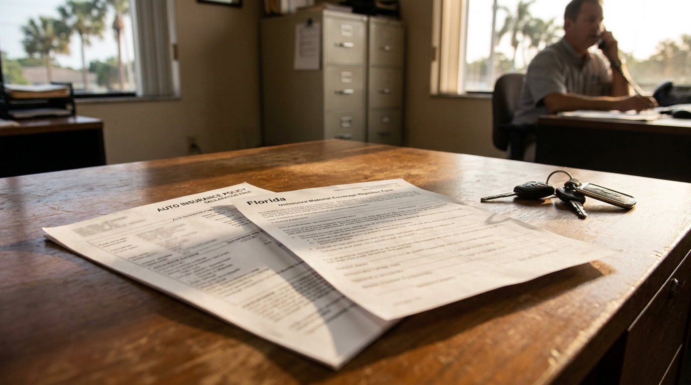 Florida Uninsured Motorist Coverage Form and Car Keys Florida Uninsured Motorist Coverage form and car keys on office desk
