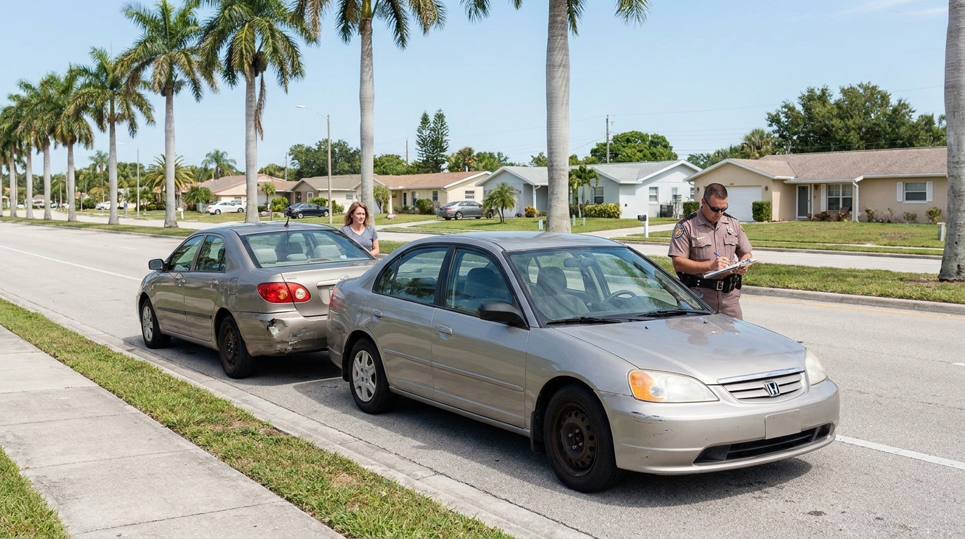 police officer writing report at two-car rear-end collision on residential street