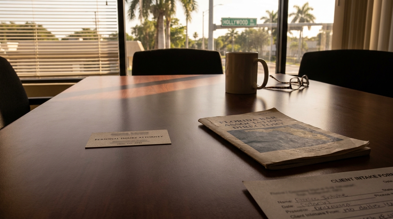 Personal injury attorney business card, Florida Bar Association Directory, and client intake form on conference table
