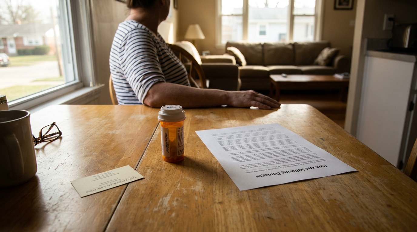 Fort Lauderdale Injury Victim Reviewing Pain and Suffering Damages person seated at table with Pain and Suffering Damages document, prescription bottle, and law firm card