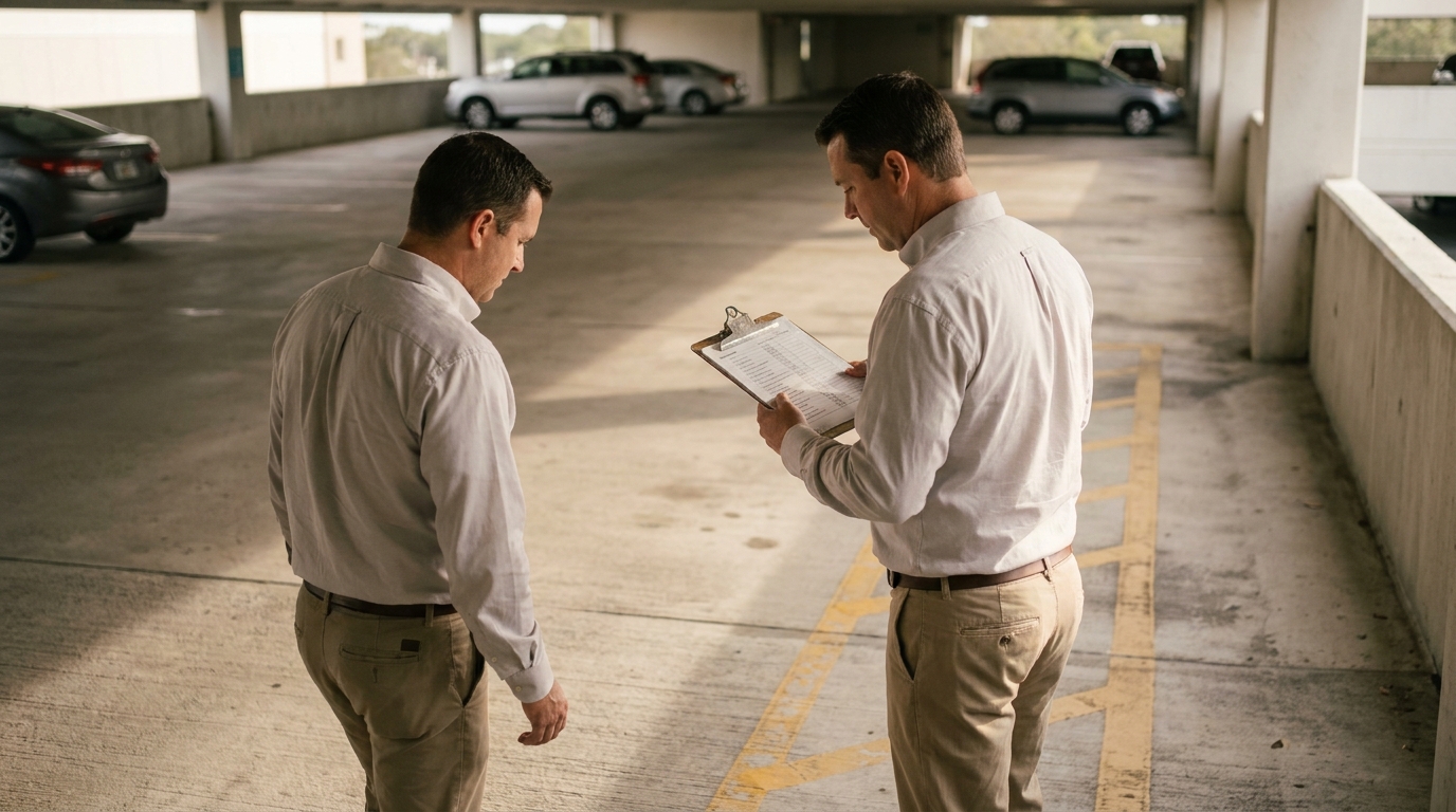 Florida Parking Garage Premises Liability Inspection two men reviewing clipboard documents inside multi-level parking garage structure