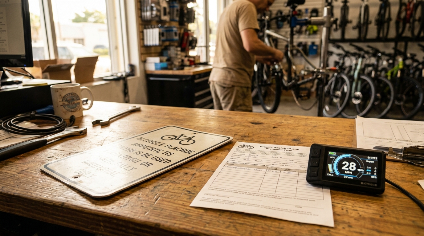 Fort Lauderdale E-Bike Registration Form and Speed Display Bicycle registration form and speed display device on bike shop workbench