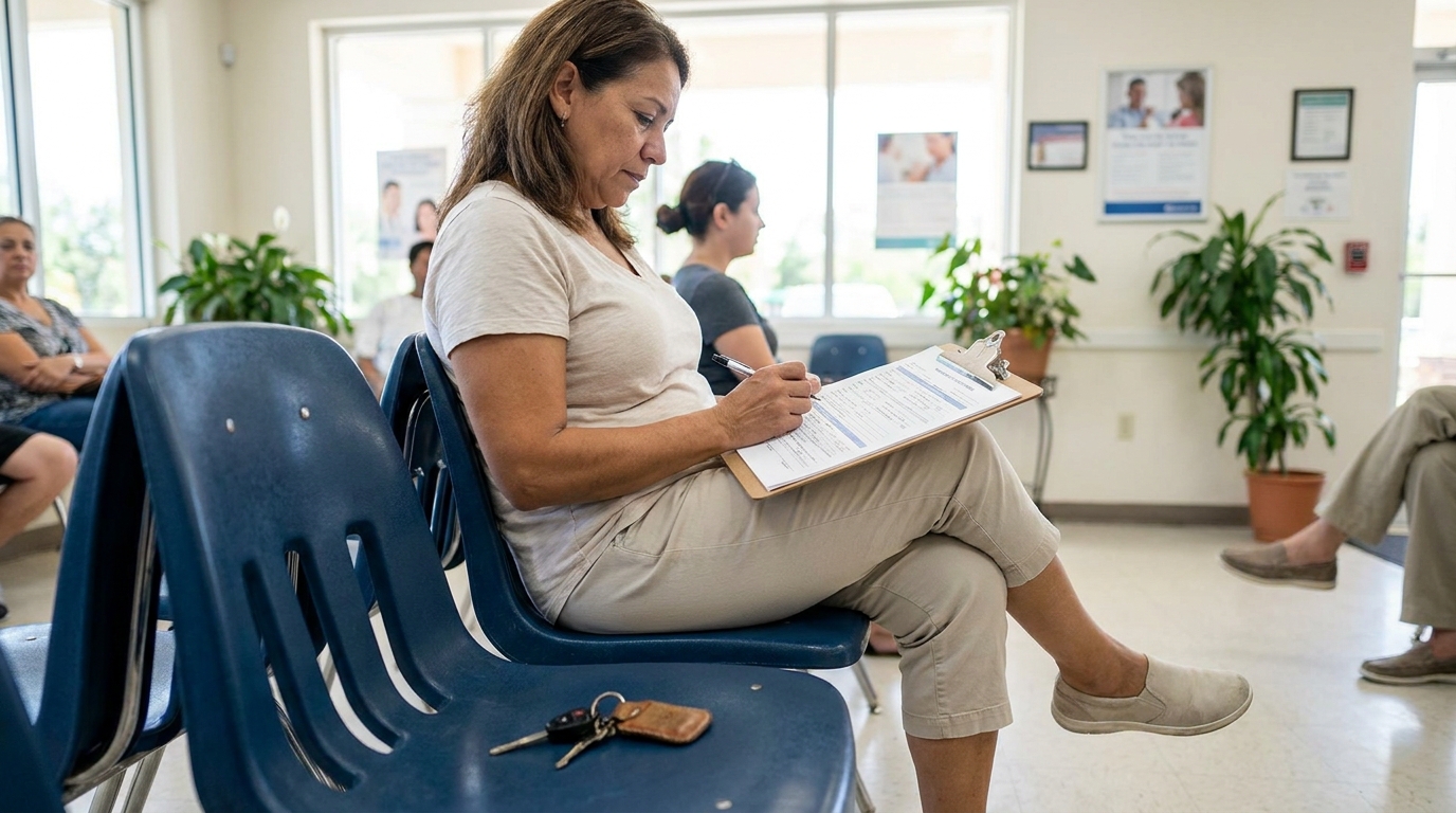 woman filling out clipboard form while seated in medical waiting room