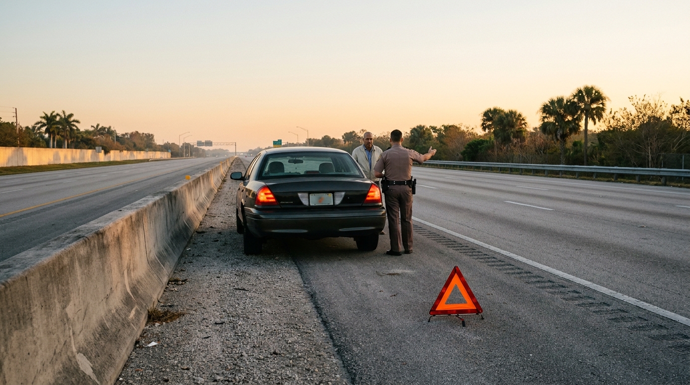 highway patrol officer speaking with driver beside stopped car with warning triangle