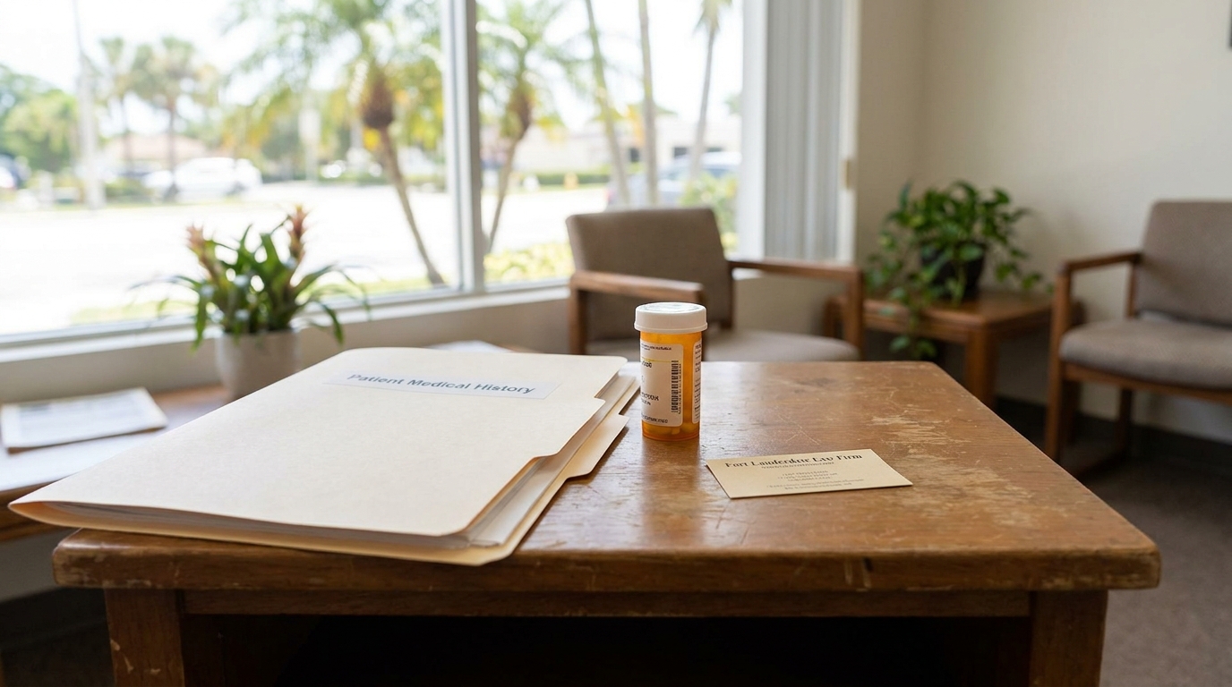 Fort Lauderdale Medical Malpractice Claim Patient Records Patient Medical History folder, prescription bottle, and Fort Lauderdale Law Firm business card on desk