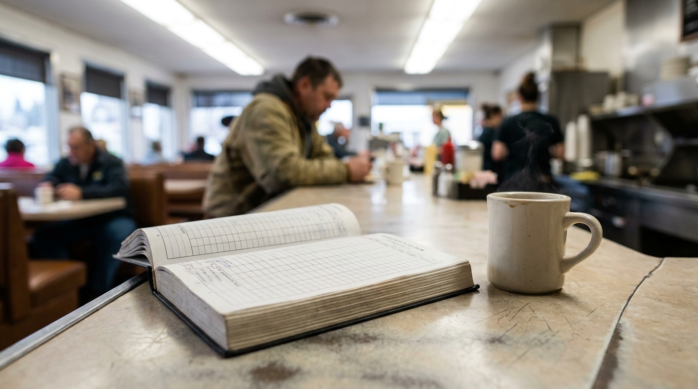 Truck Driver Logbook and Coffee at Fort Lauderdale Diner open ledger notebook and coffee mug on diner counter with patrons in background
