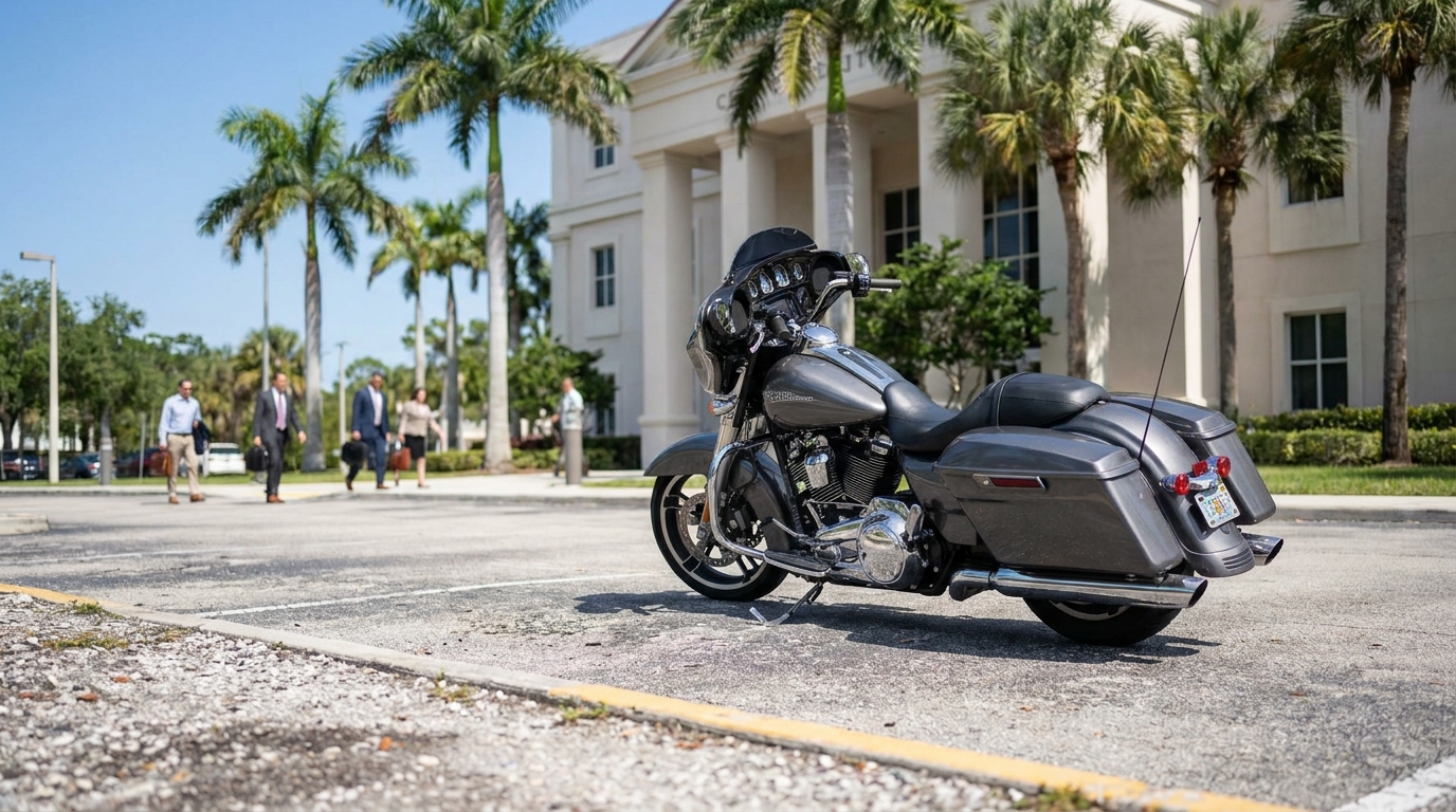Motorcycle Parked Outside Florida Courthouse With Attorneys Harley-Davidson motorcycle parked outside courthouse with attorneys walking nearby