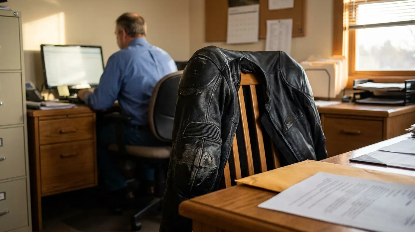St. Louis Insurance Adjuster Reviewing Motorcycle Road Rash Claim damaged leather motorcycle jacket draped over chair in law office with attorney at desk