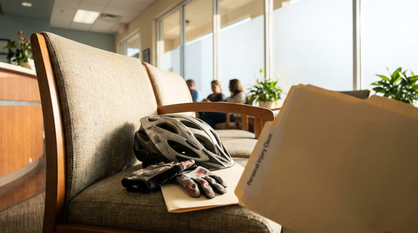 Fort Lauderdale Motorcycle Injury Claim Personal Injury Office bicycle helmet and gloves beside Personal Injury Claim folder in law office waiting area
