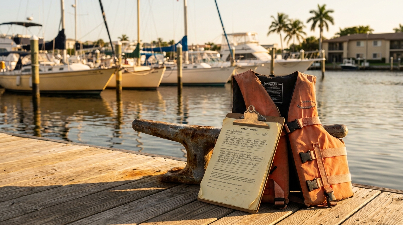 Ft Lauderdale Parasailing Liability Waiver and Life Vest on Dock liability waiver on clipboard leaning against parasailing life vest on marina dock