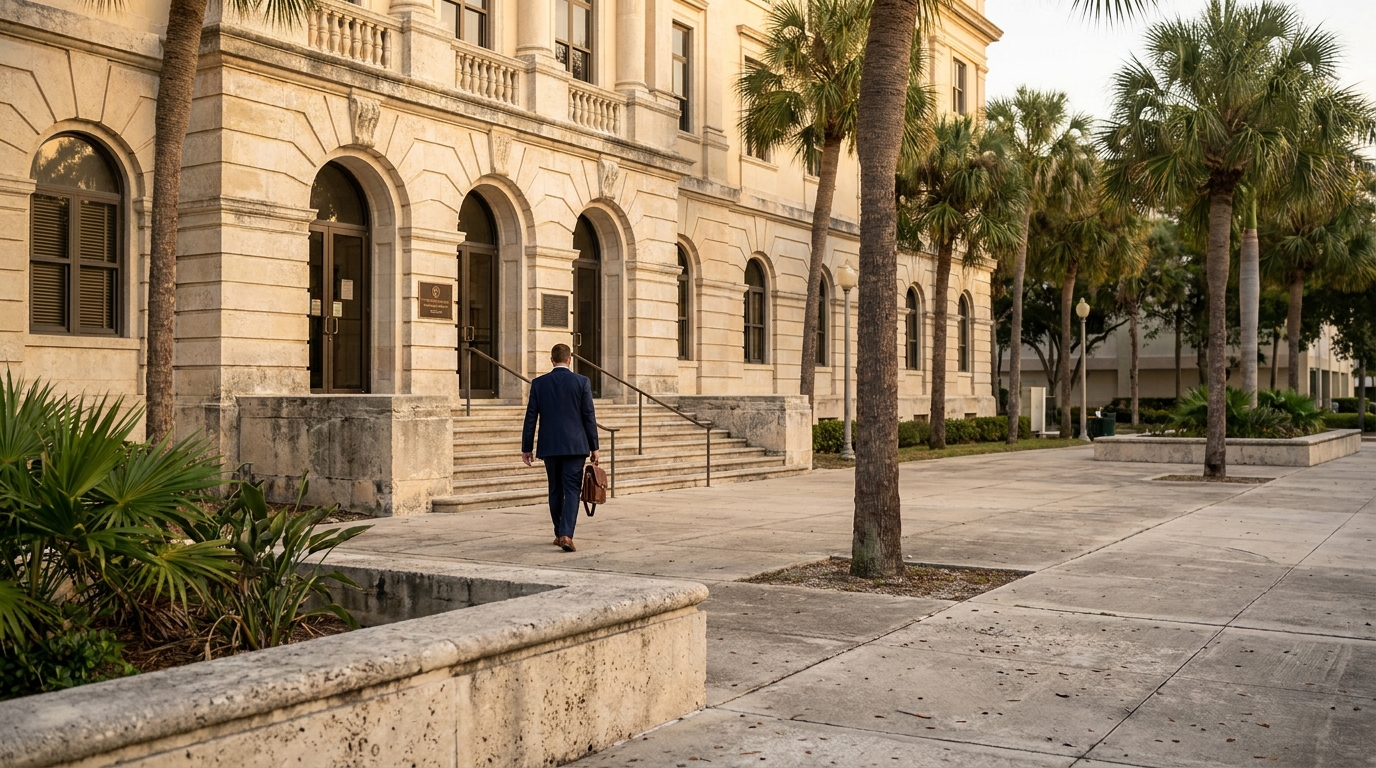 Wrongful Death Attorney Entering Fort Lauderdale Courthouse suited attorney carrying briefcase walking toward historic courthouse entrance with palm trees