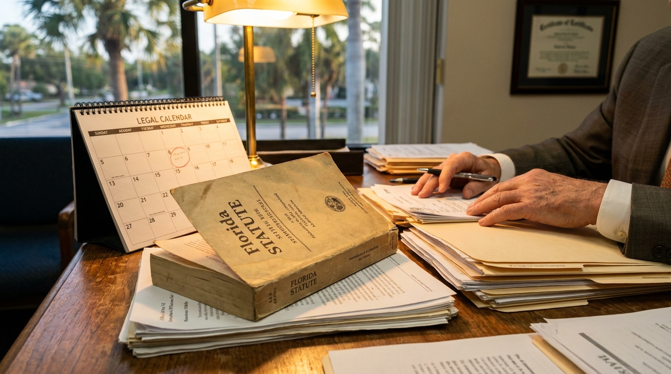 Florida Slip and Fall Attorney Reviewing Statute of Limitations Deadline Florida Statute book and legal calendar on attorney's desk with case files