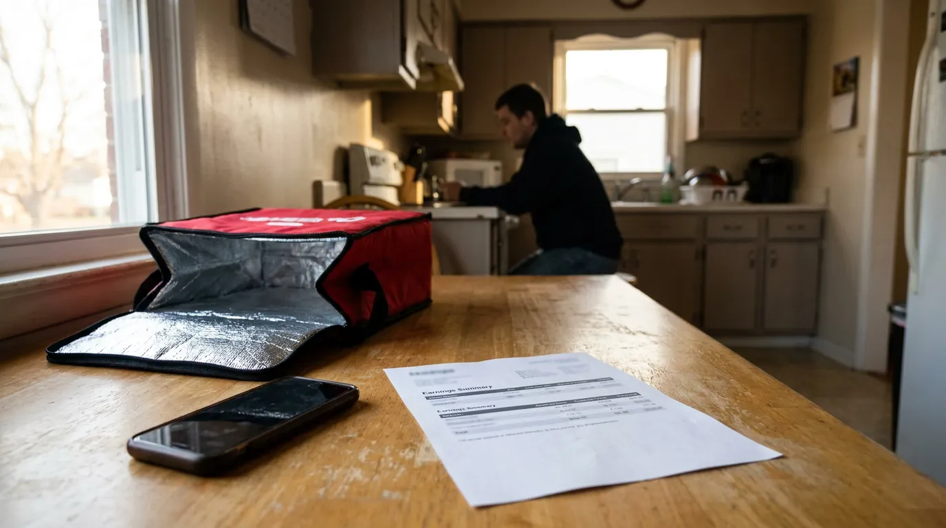 gig worker earnings summary document beside insulated delivery bag and smartphone on kitchen table