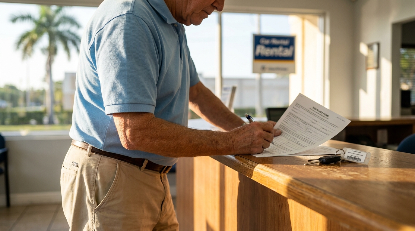 man signing insurance form at car rental agency counter with keys nearby