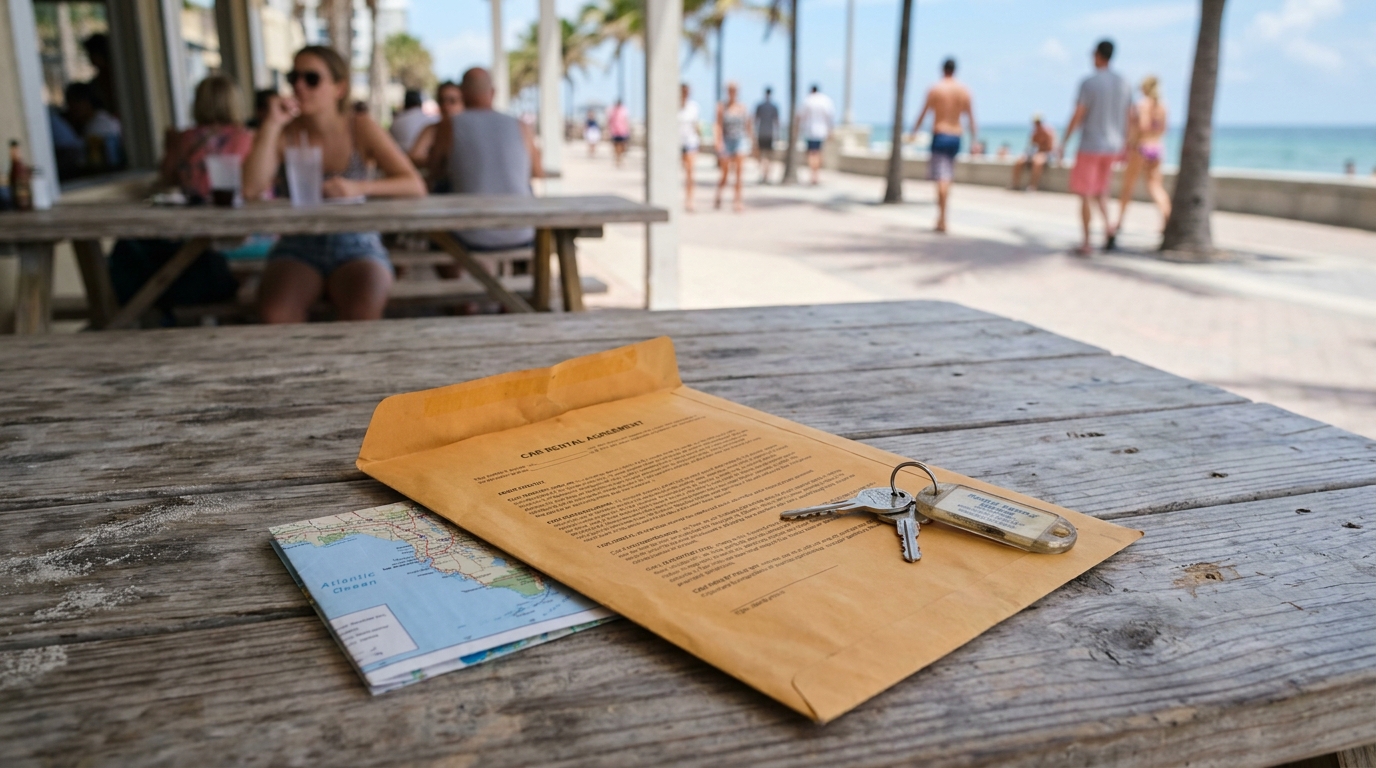 car rental agreement document and keys on outdoor table near beach boardwalk