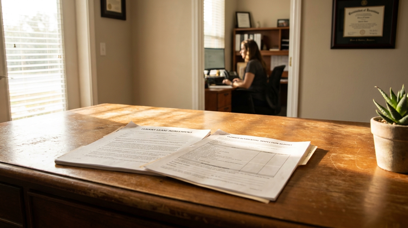 Florida Tenant Lease Agreement and Inspection Report on Desk Tenant lease agreement and Florida residential inspection report on wooden desk