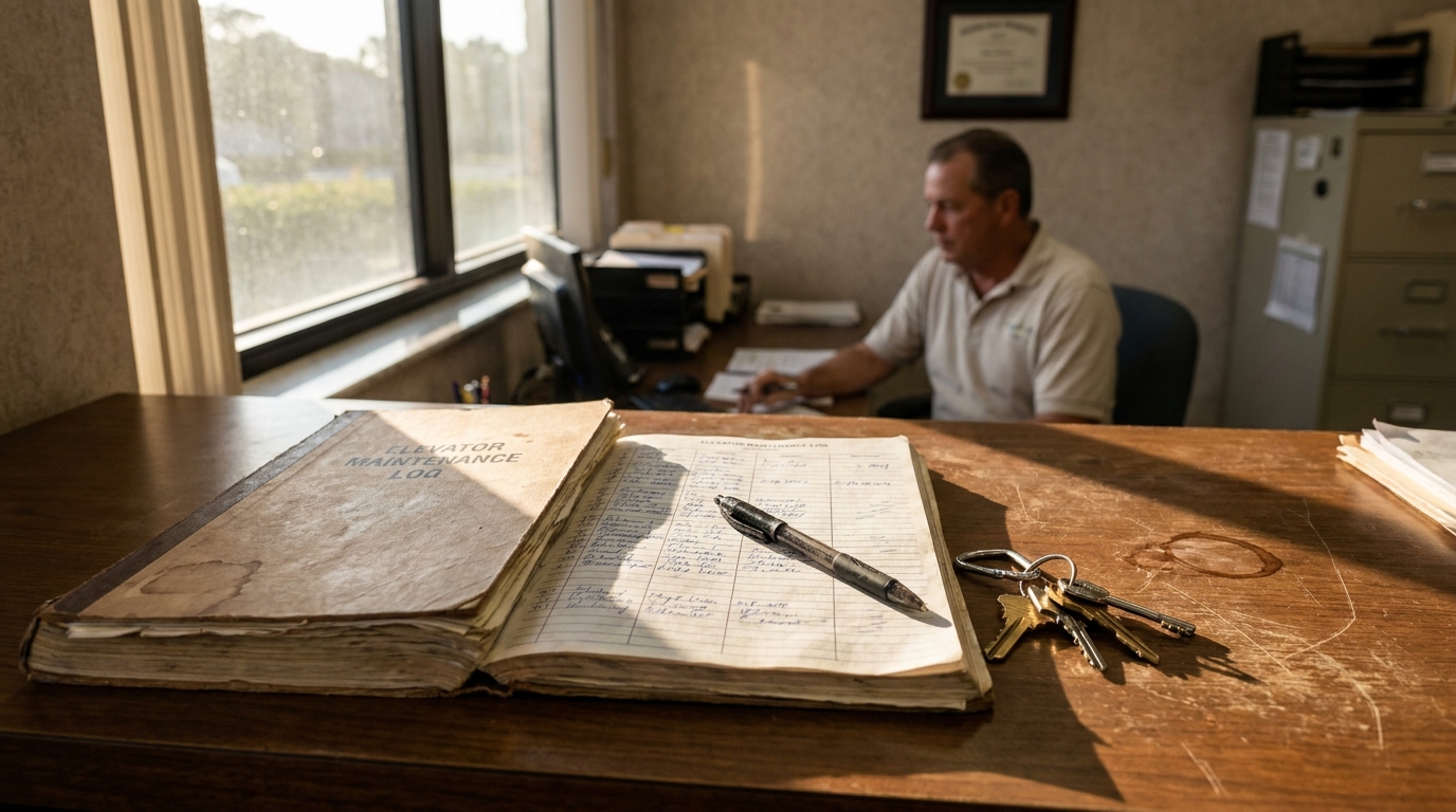 open elevator maintenance log book with pen and keys on office desk