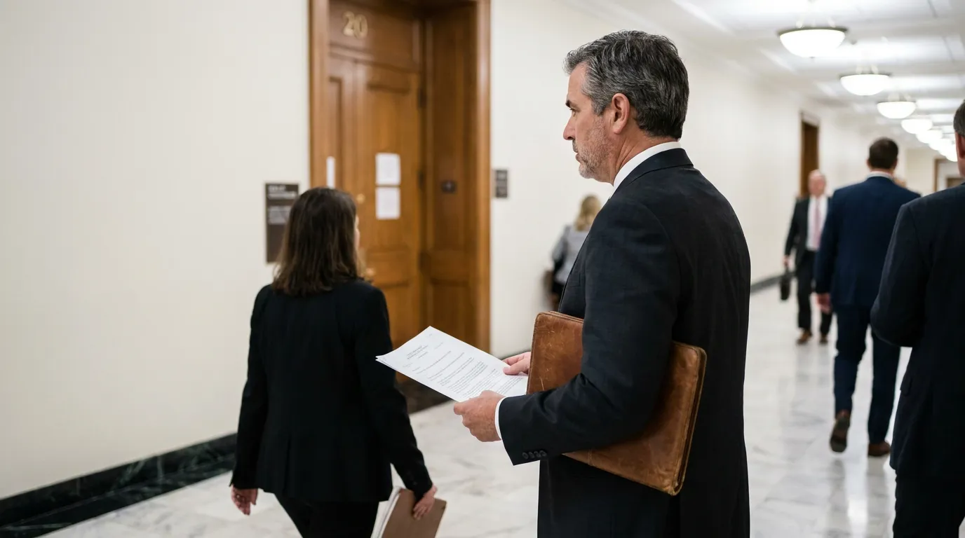 suited attorney holding legal documents and leather portfolio in courthouse hallway