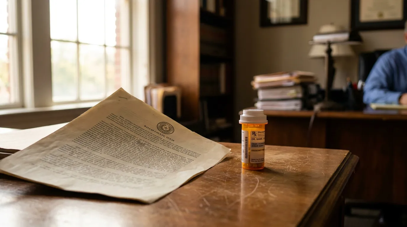 Dallas County Drug Possession Legal Document and Prescription Bottle Dallas County Texas legal document and prescription medication bottle on attorney's desk