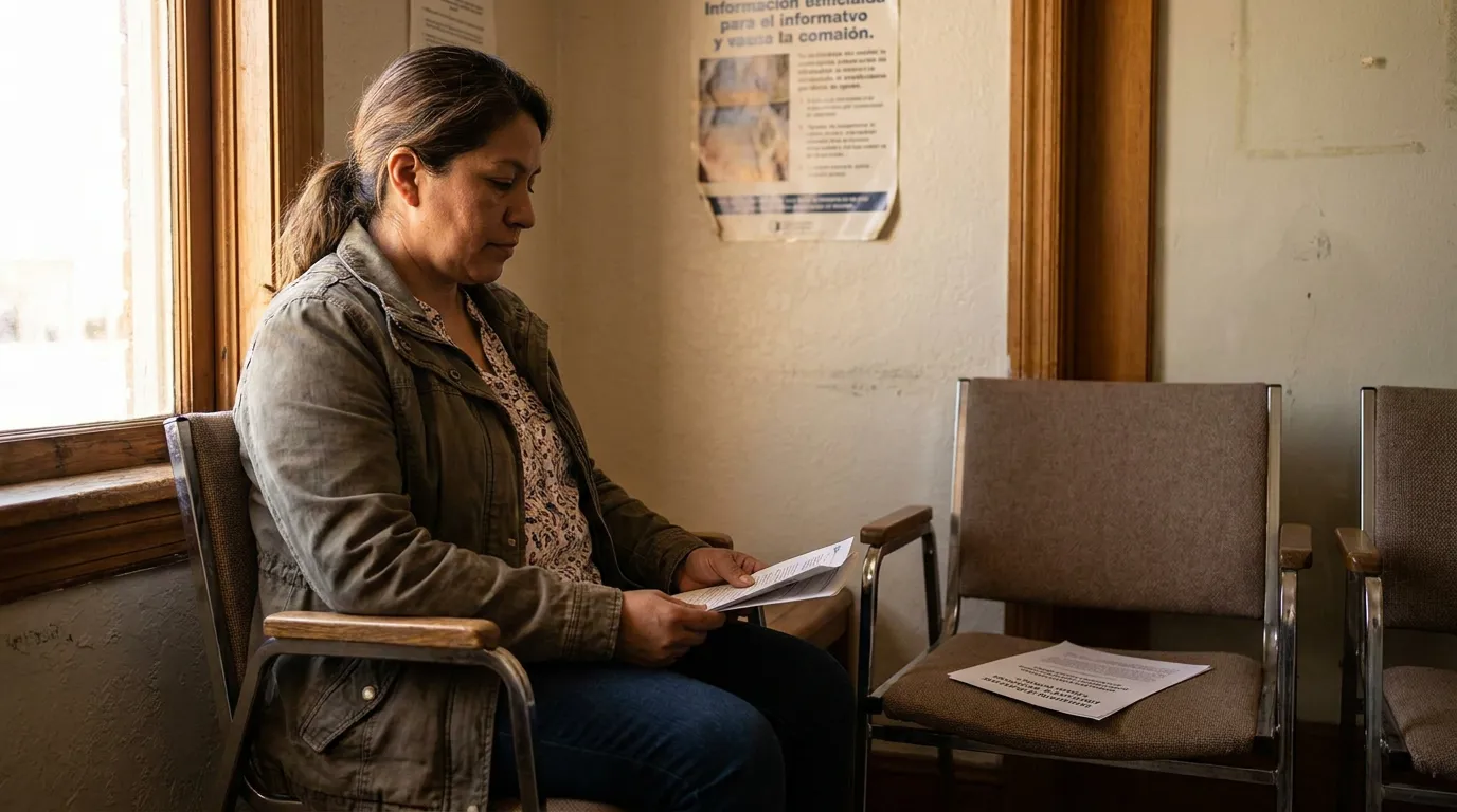 El Paso Immigrant Woman Reading Legal Documents in Waiting Room woman seated in waiting room reading printed legal documents with Spanish poster on wall