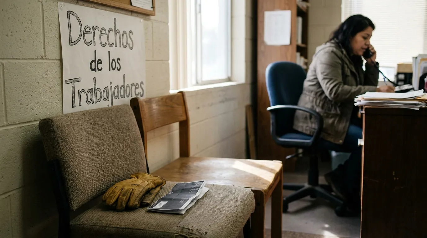 Derechos de los Trabajadores sign posted in worker rights office with staff on phone